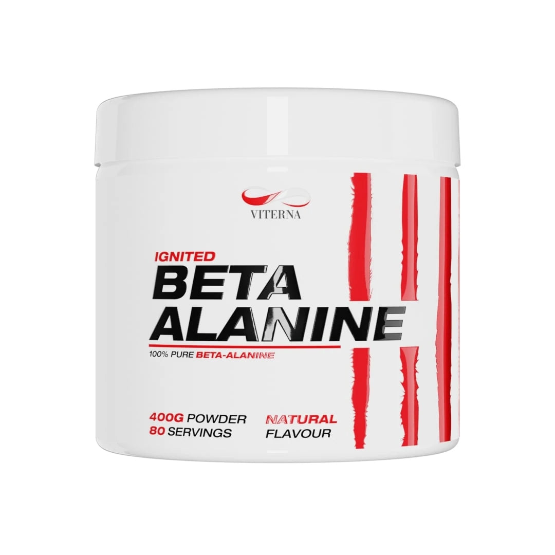 Viterna Beta Alanine Powder 400 g rent aminosyrapulver i en vit burk med röda detaljer och naturell smak.