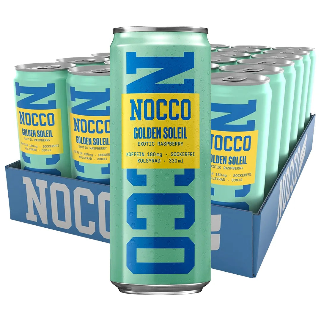 24 x NOCCO Golden Soleil 330 ml i ett blått flak fyllt med ljusgröna energidrycksburkar med blå och gula detaljer.