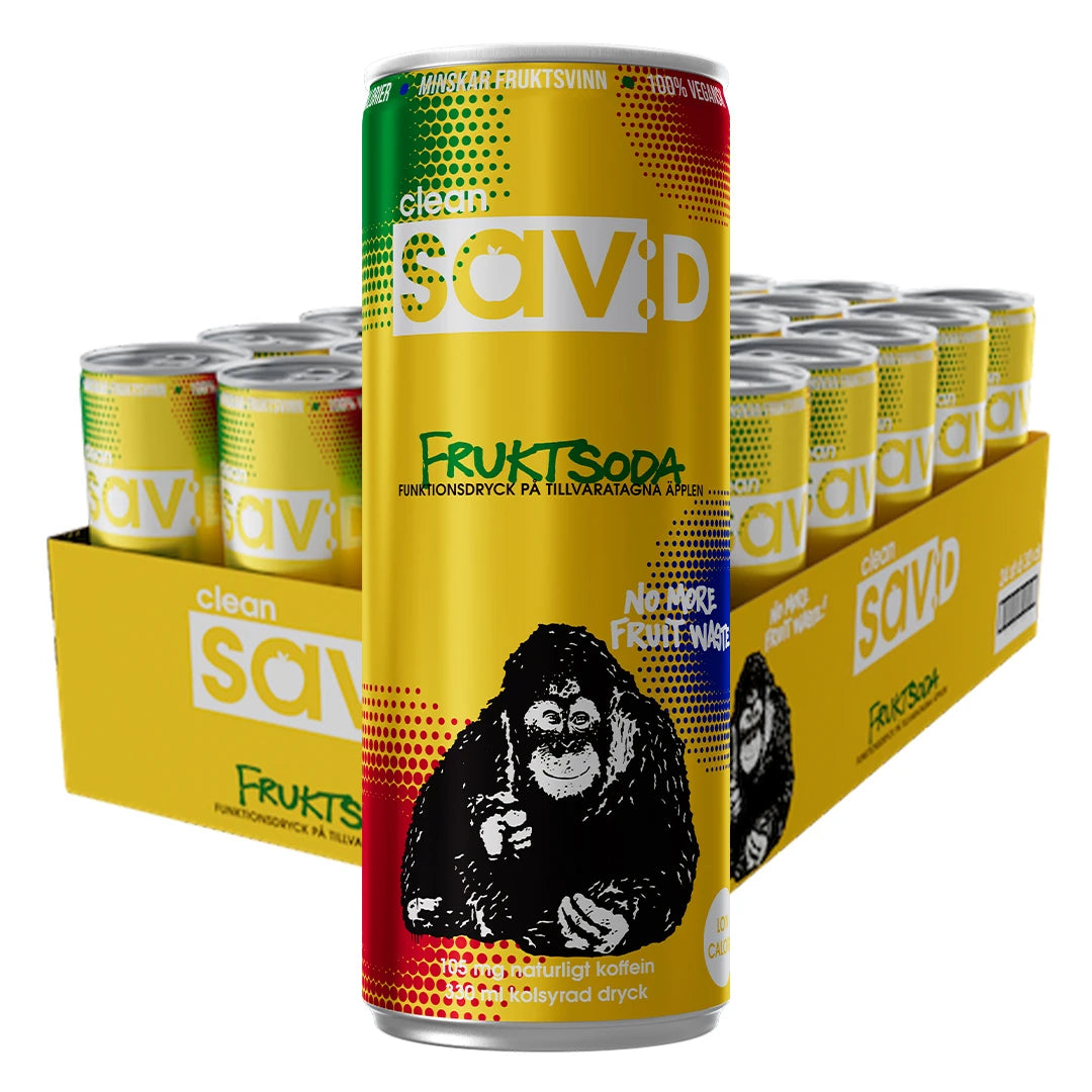 24 x Clean Sav:D 330 ml Fruktsoda i ett gult flak med matchande burkar som har en illustration av en apa.
