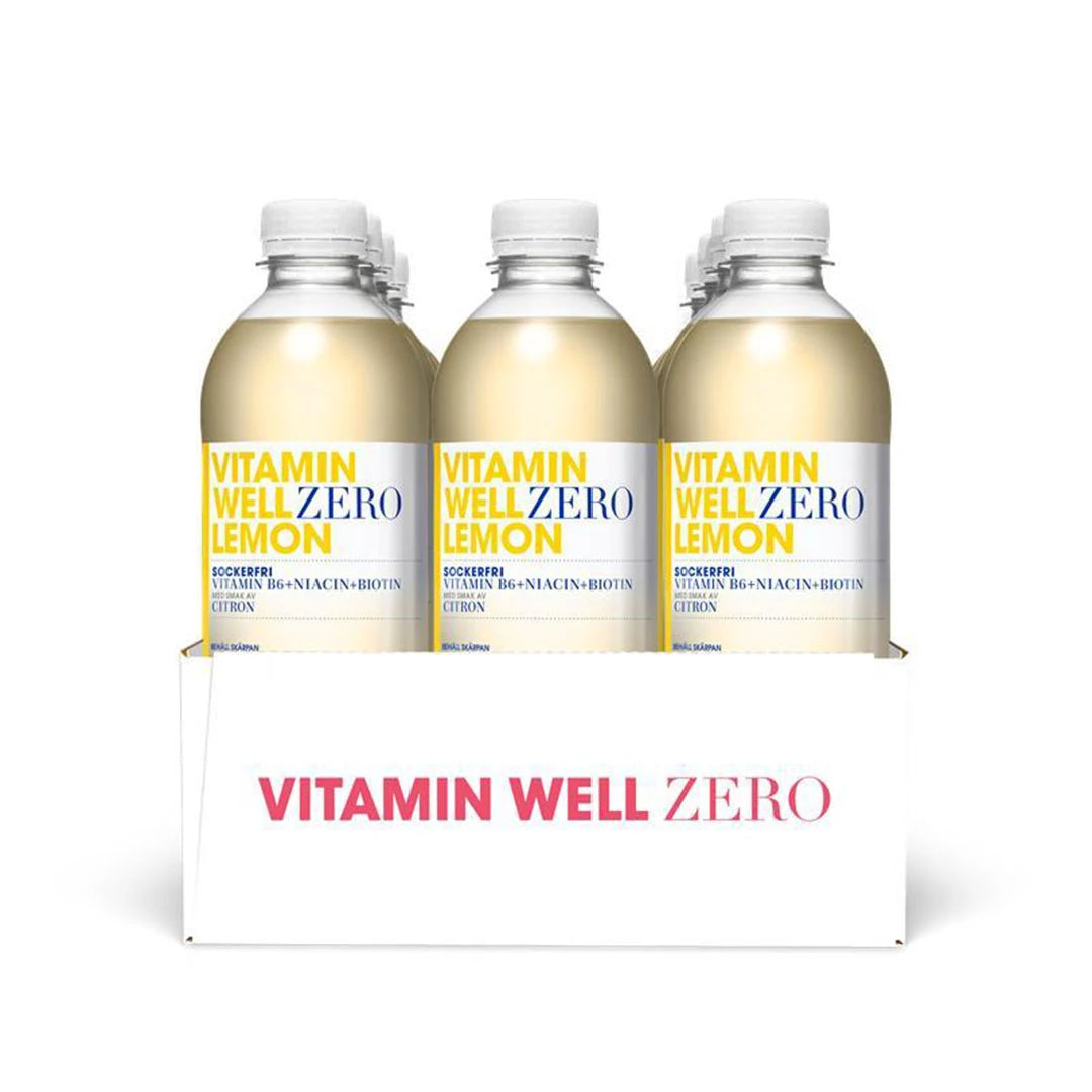 12 x Vitamin Well Zero 500 ml Lemon flak med tolv genomskinliga plastflaskor som innehåller sockerfri vitamindryck.