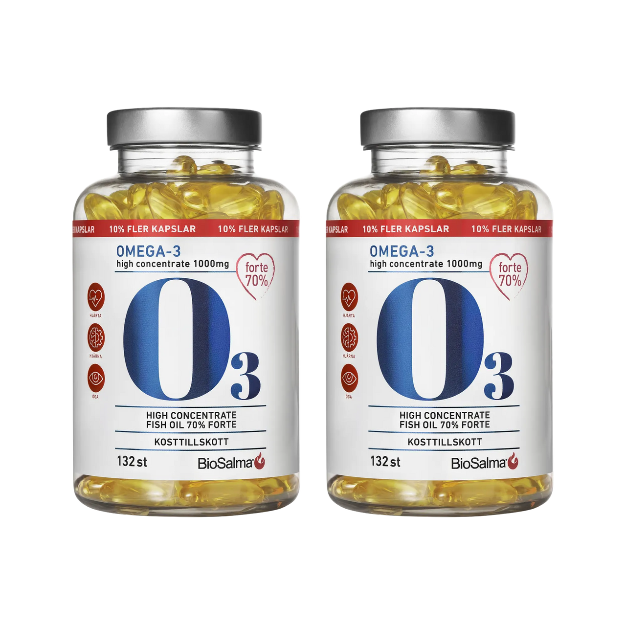 2 x BioSalma Omega-3 Forte 70% 1000 mg 132 caps i genomskinliga burkar med silverlock fyllda med gula fiskoljekapslar.