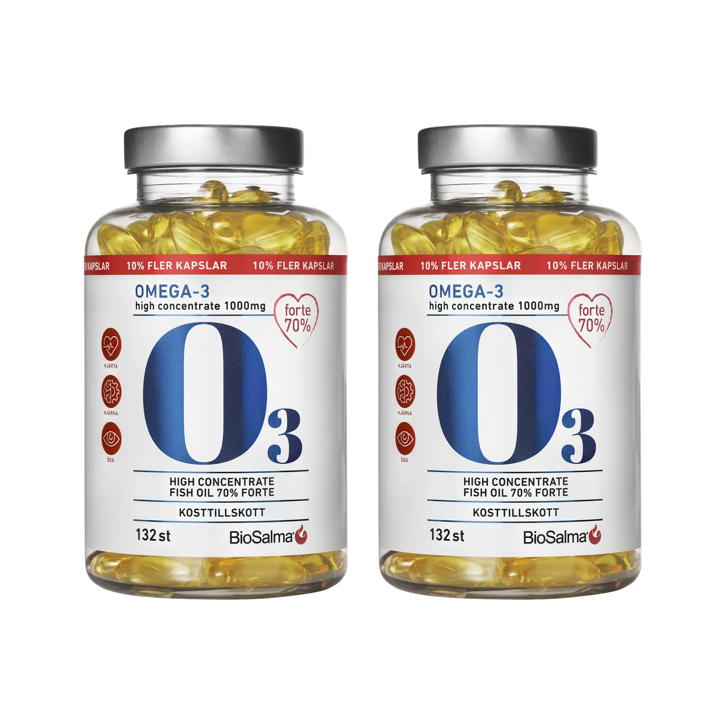 2 x BioSalma Omega-3 Forte 70% 1000 mg 132 caps i genomskinliga burkar med silverlock fyllda med gula fiskoljekapslar.