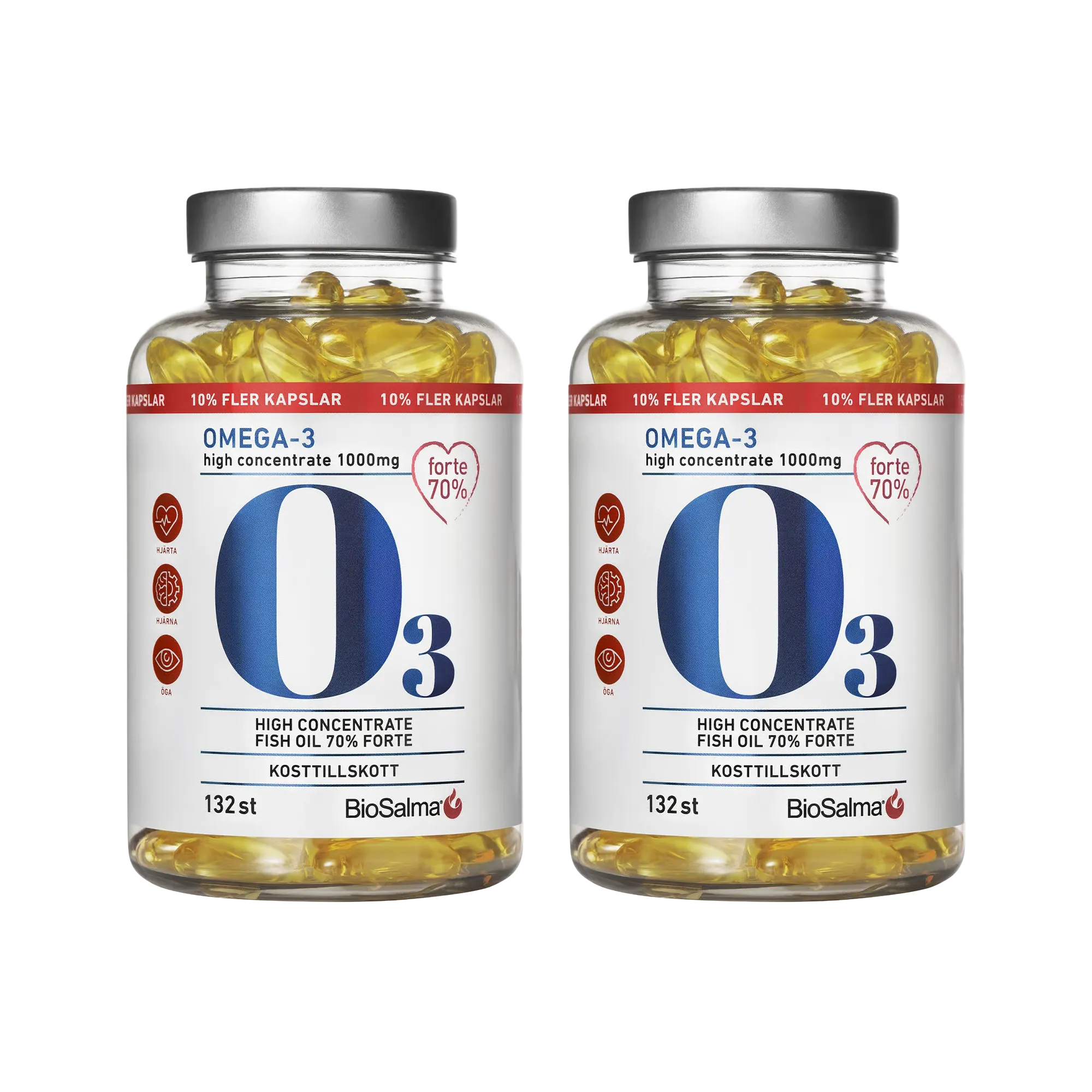 2 x BioSalma Omega-3 Forte 70% 1000 mg 132 caps i genomskinliga burkar med silverlock fyllda med gula fiskoljekapslar.