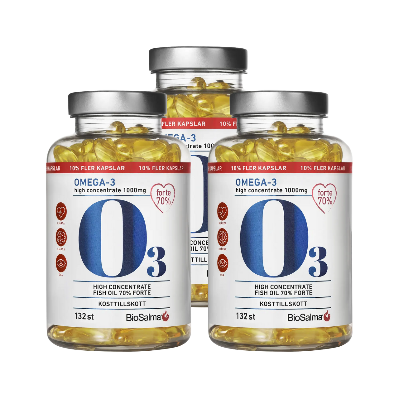 3 x BioSalma Omega-3 Forte 70% 1000 mg 132 caps i tre transparenta burkar med silvriga lock och gula fiskoljekapslar.