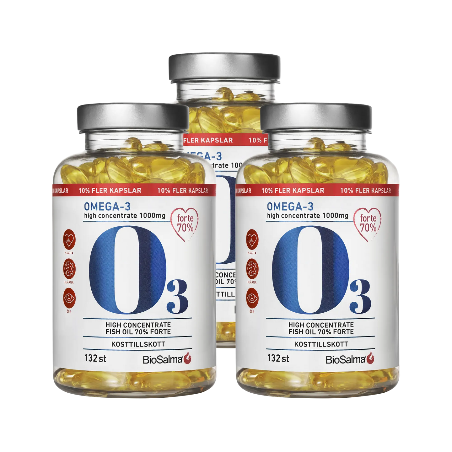 3 x BioSalma Omega-3 Forte 70% 1000 mg 132 caps i tre transparenta burkar med silvriga lock och gula fiskoljekapslar.