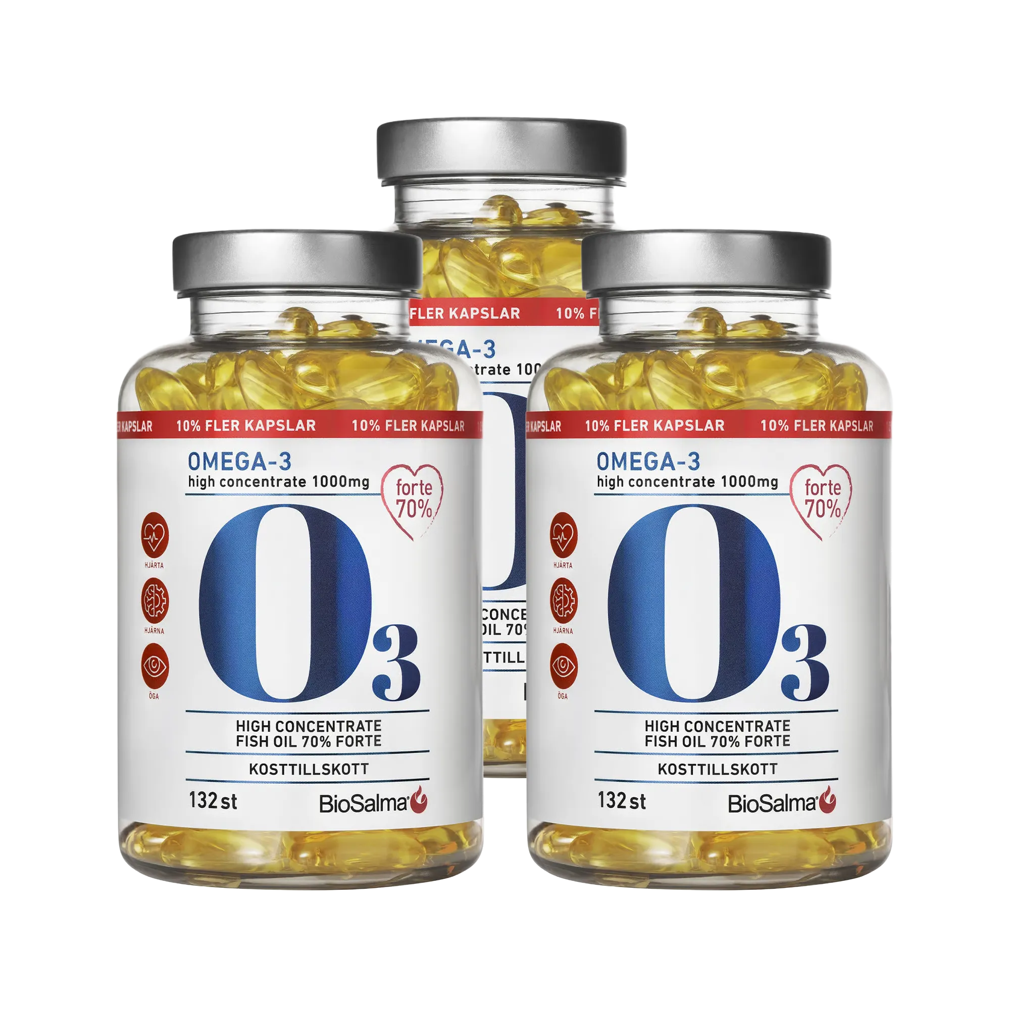 3 x BioSalma Omega-3 Forte 70% 1000 mg 132 caps i tre transparenta burkar med silvriga lock och gula fiskoljekapslar.