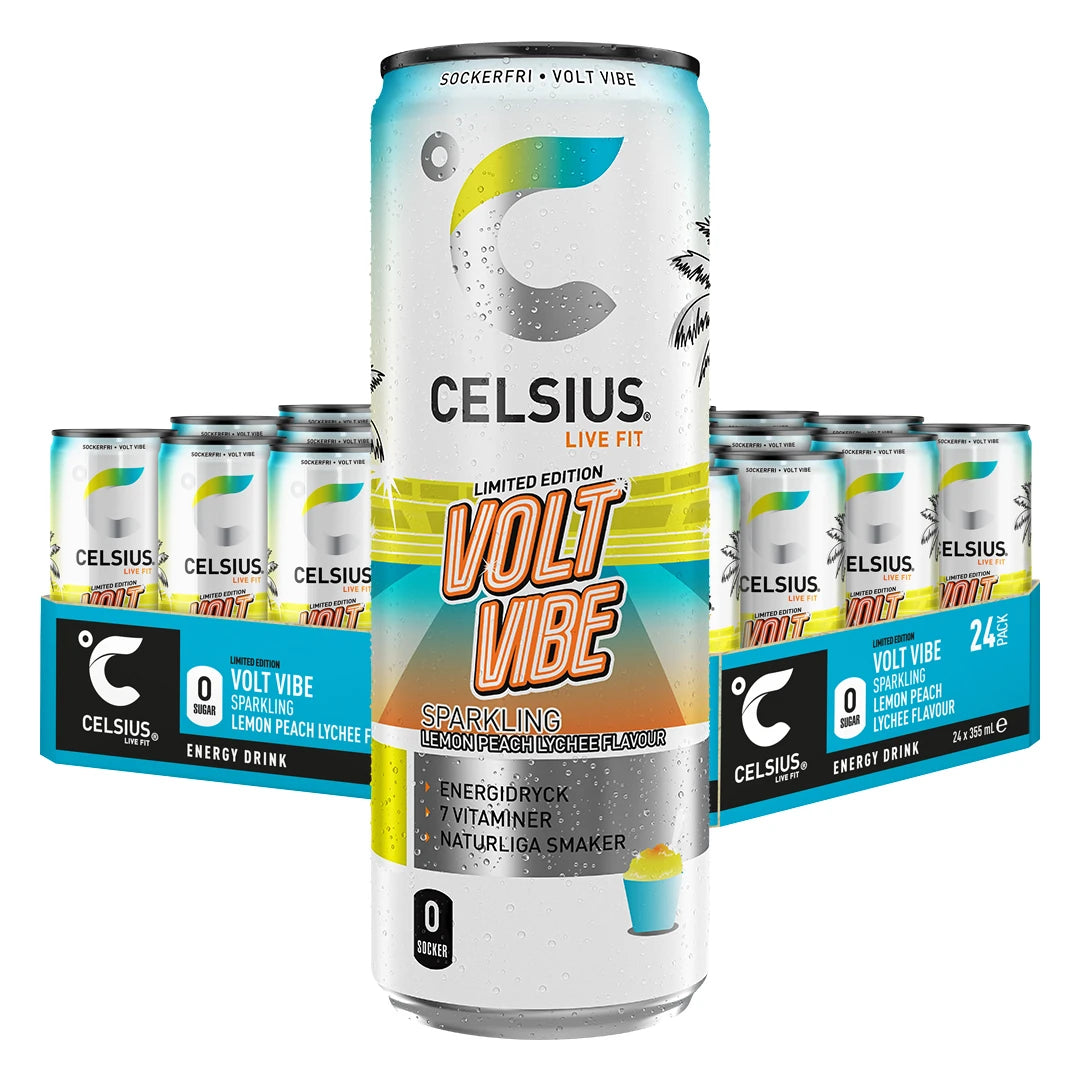 24 x Celsius 355 ml Volt Vibe Limited Edition i ett turkost flak med vita burkar och färgglatt motiv.