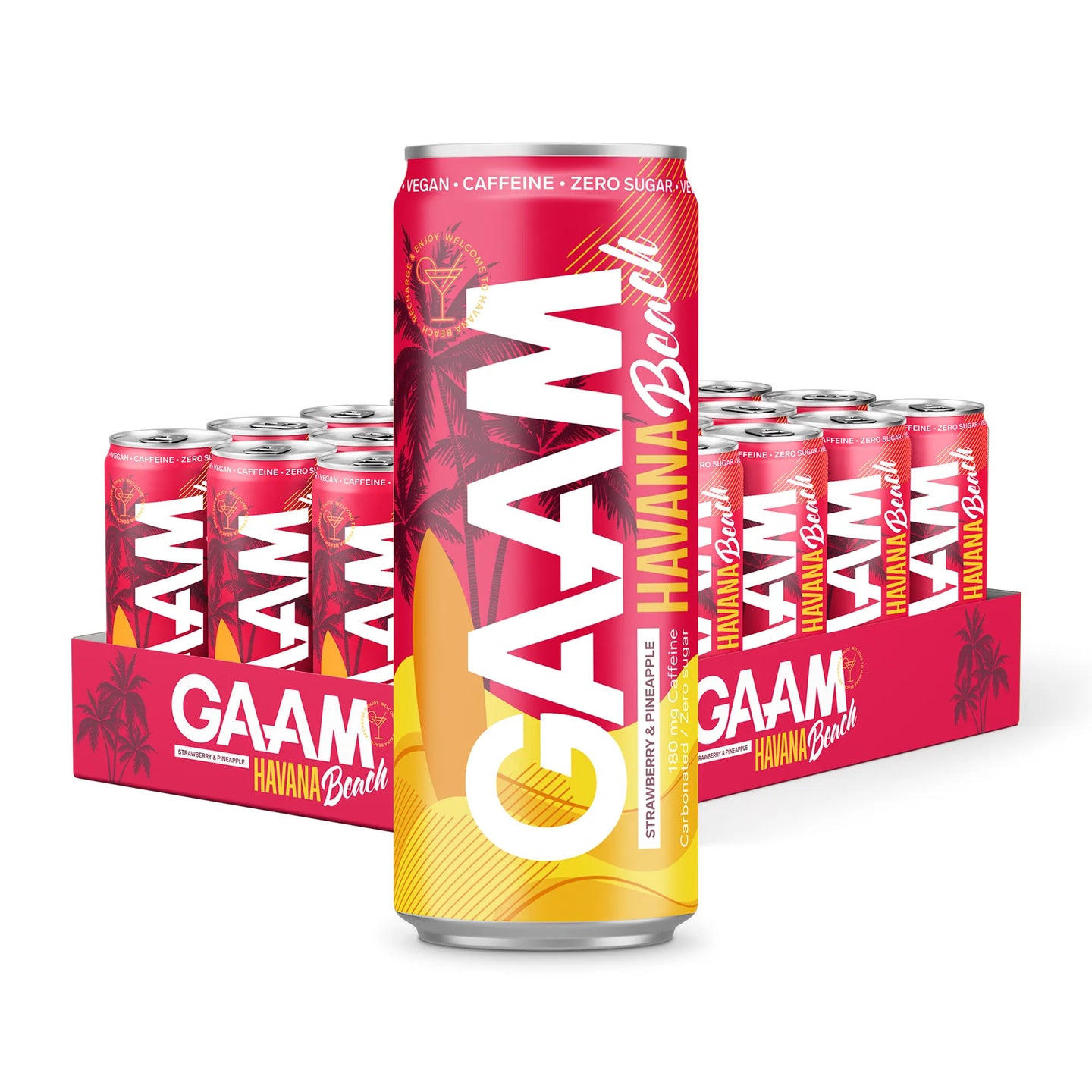 24 x GAAM Energy 330 ml Havana Beach i ett rödgult flak med matchande energidrycksburkar med palmmönster.