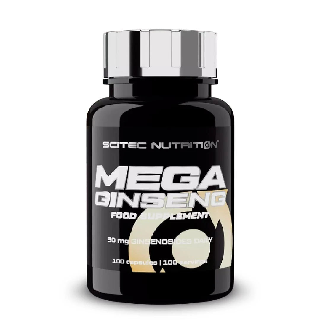 Scitec Nutrition Mega Ginseng 100 caps förpackad i en svart burk med silverlock.
