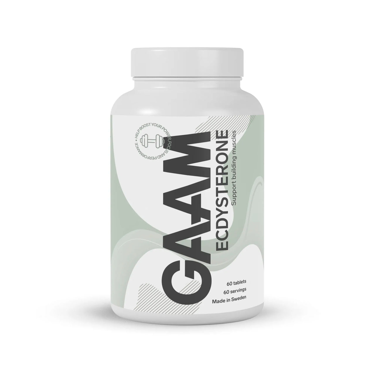 GAAM Ecdysterone 60 tabs kosttillskott i en vit burk med gröna och gråa detaljer på etiketten.