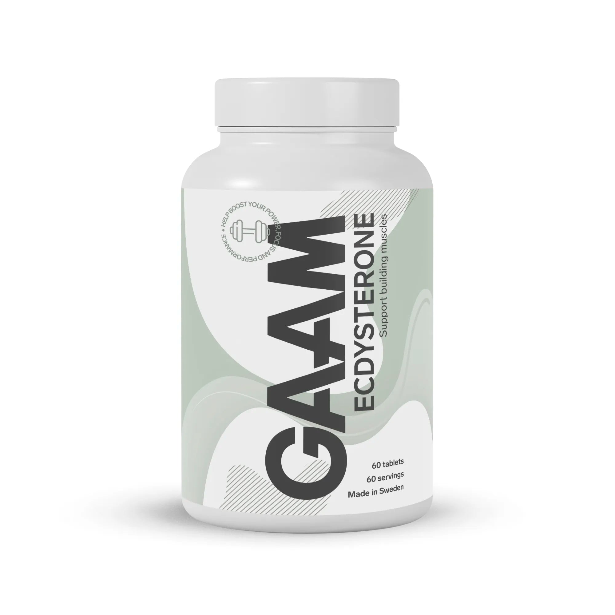 GAAM Ecdysterone 60 tabs kosttillskott i en vit burk med gröna och gråa detaljer på etiketten.