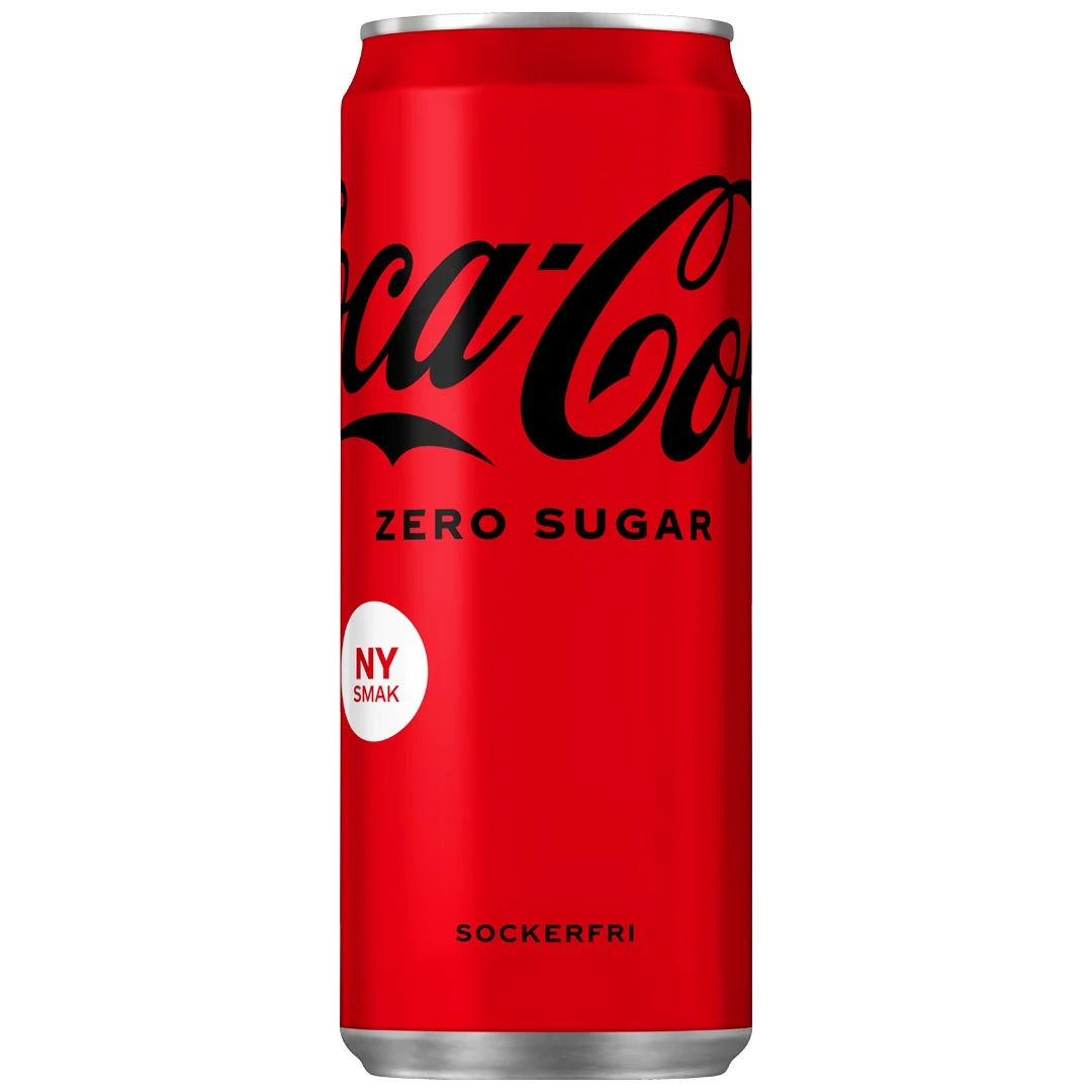 Röd aluminiumburk med Coca-Cola Zero 330 ml, en klassisk sockerfri läsk.