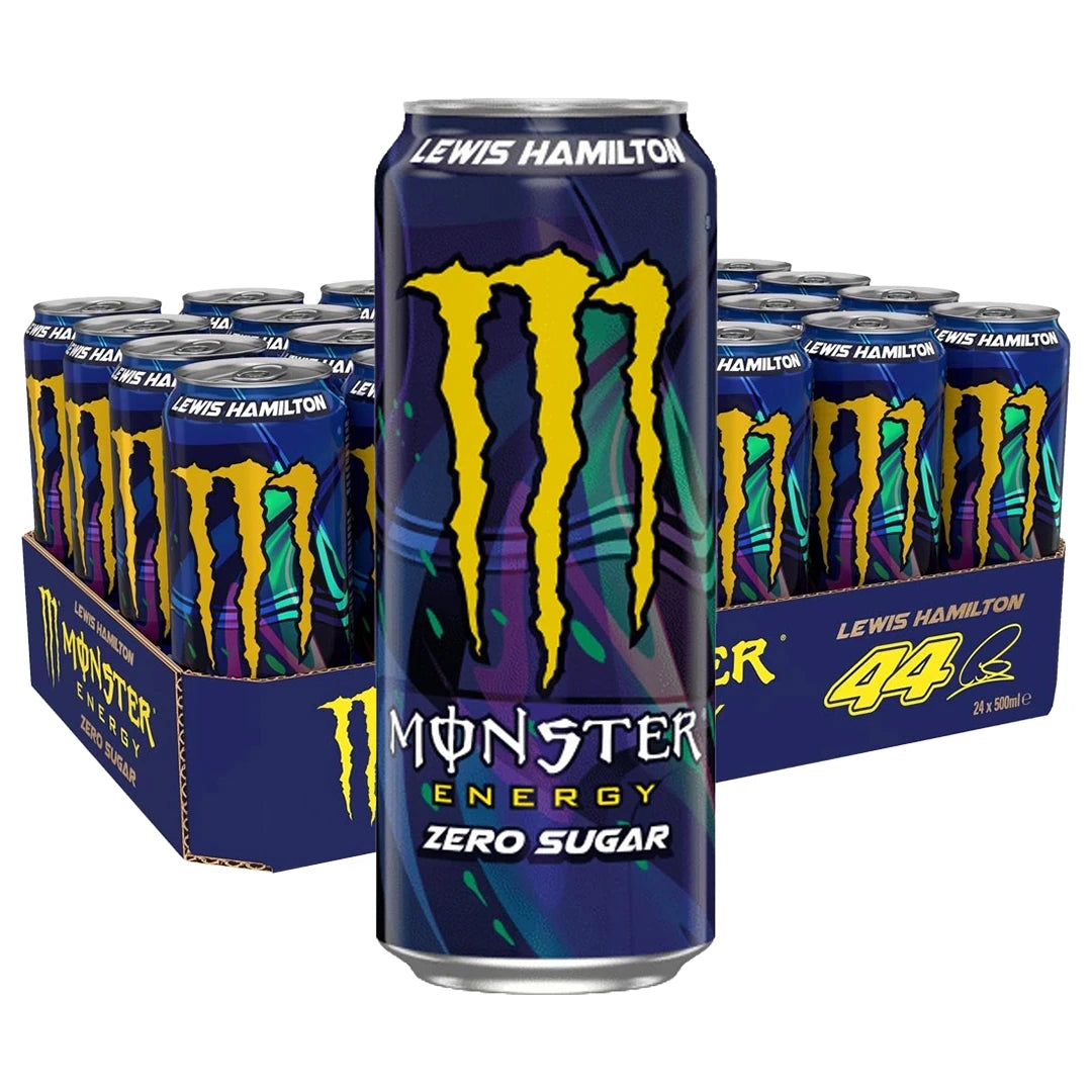 24 x Monster Energy 500 ml Lewis Hamilton (sockerfri) i en mörkblå kartong med färgstarka burkar.