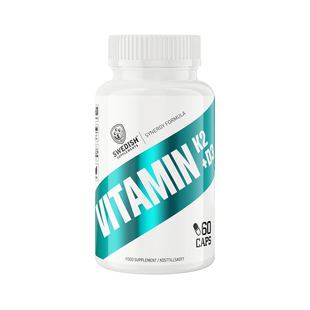 Swedish supplements Vitamin K2 + D3 60 Caps kosttillskott i en vit plastburk med turkosa detaljer.