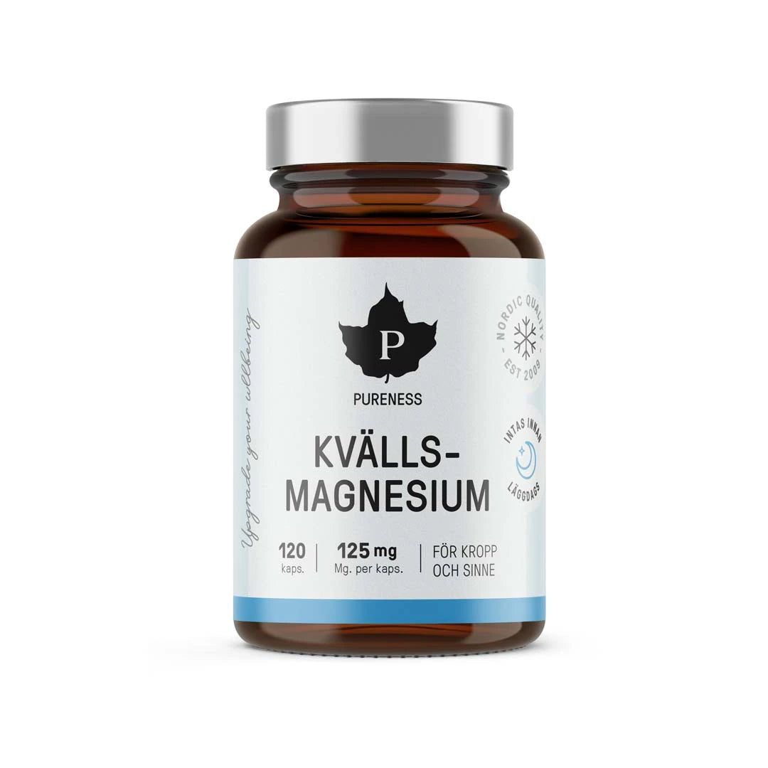 Pureness Kvällsmagnesium 120 caps i en mörkbrun burk med silverlock och vit etikett med ljusblå kant.