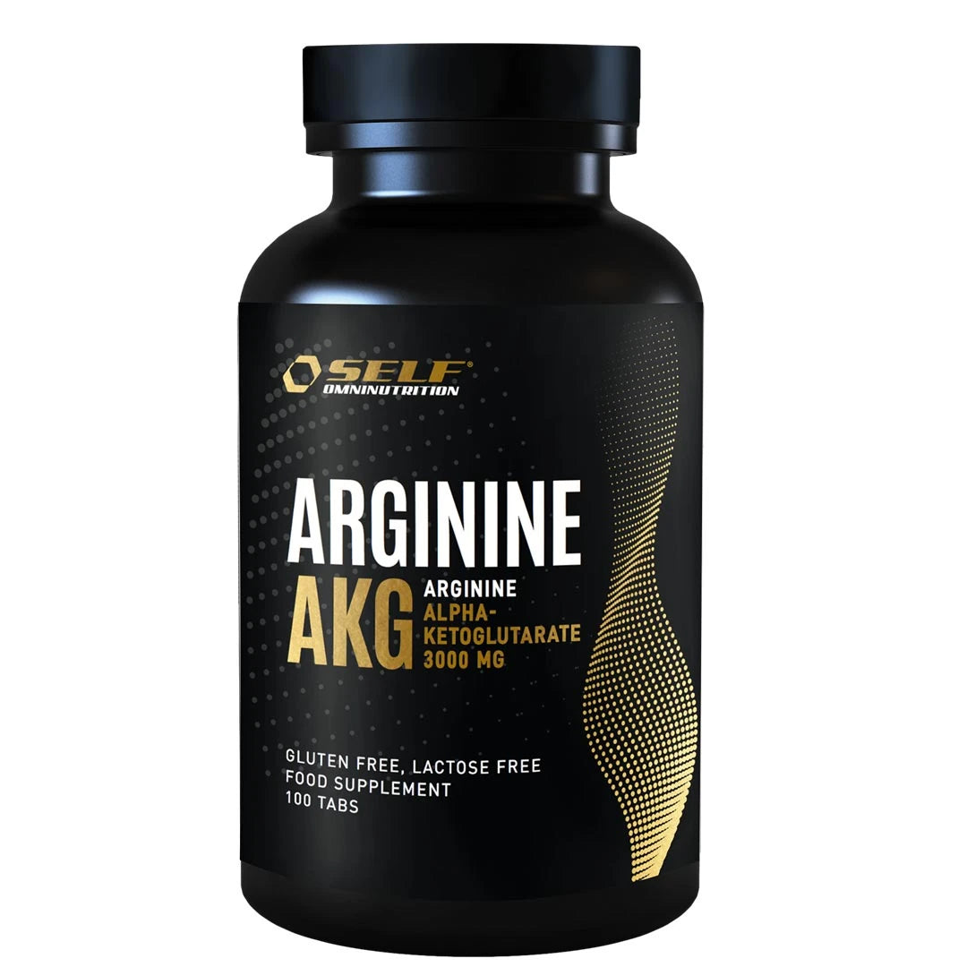 Self Omninutrition Arginine AKG 100 tabs, kosttillskott i tablettform förpackat i en svart burk med guldiga detaljer.