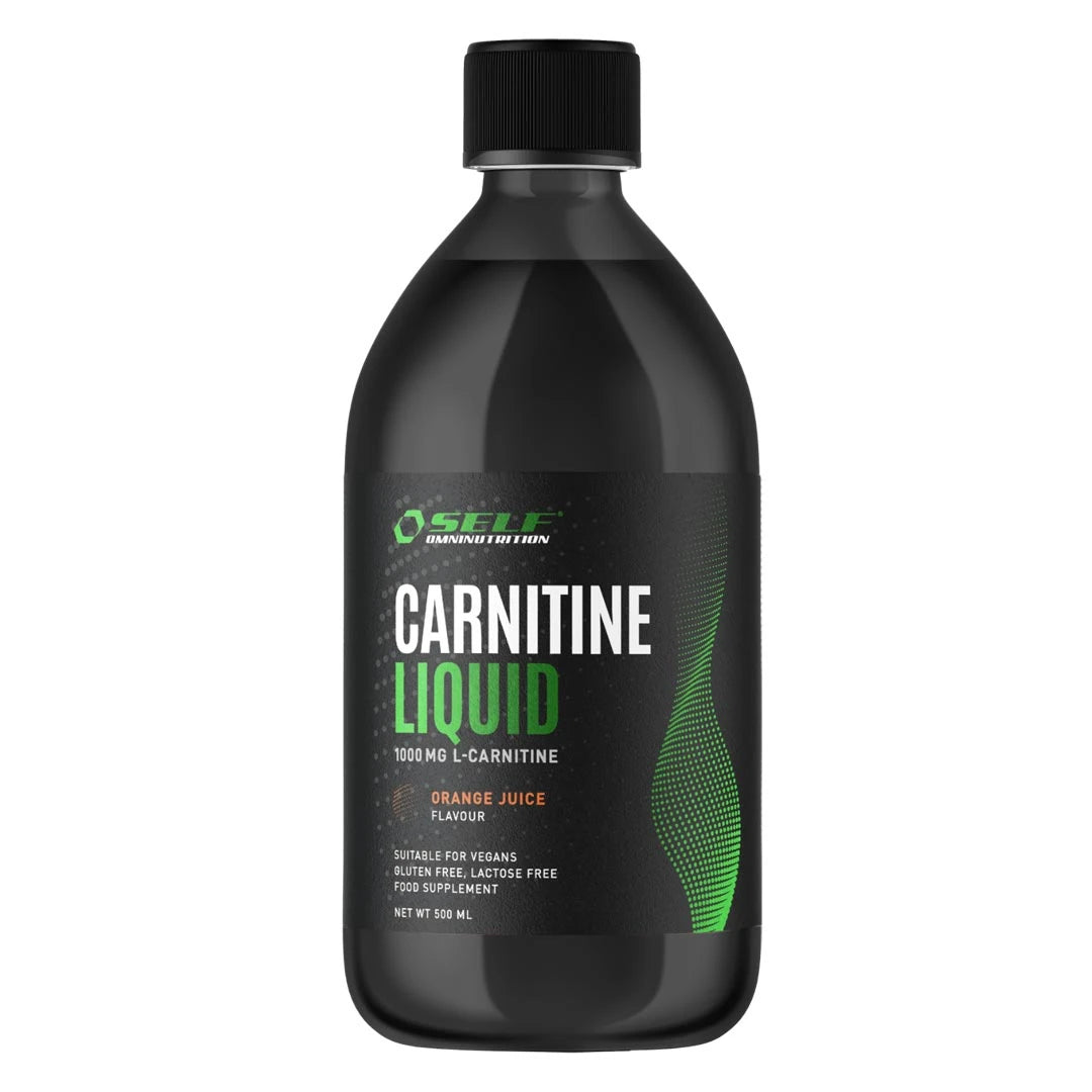 Self Ominutrition Carnitine Liquid 500 ml flytande aminosyror i en svart flaska med smak av apelsin.