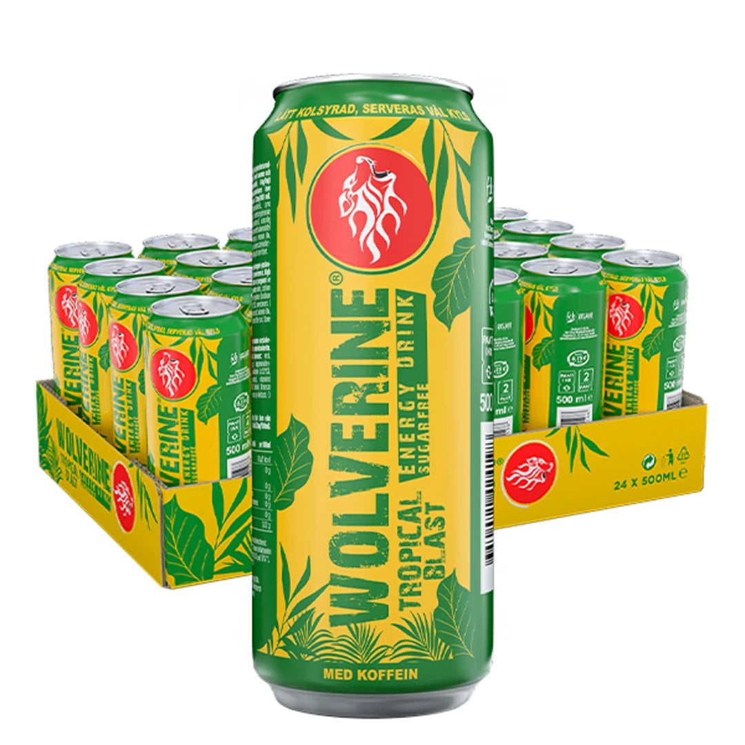 24 x Wolverine Energy Drink 500 ml Tropical Blast i ett gult flak med matchande grön-gula burkar med lövmönster.