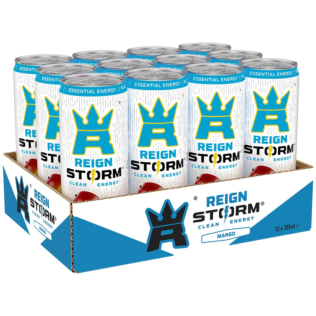 12 x Reign Storm Energy 355 ml Mango i ett blått och vitt flak med matchande vita burkar.