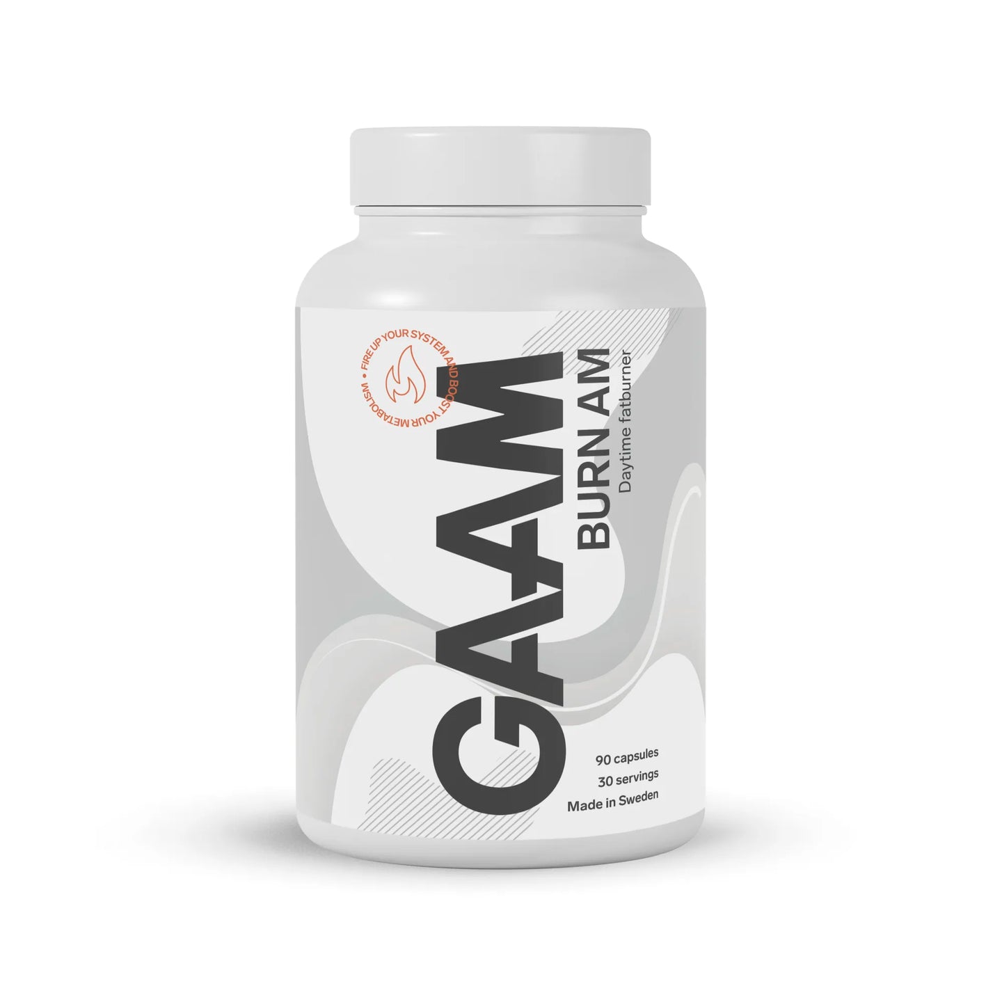 GAAM BURN AM 90 caps fettförbrännare i kapselform, förpackad i en vit burk med grå detaljer.