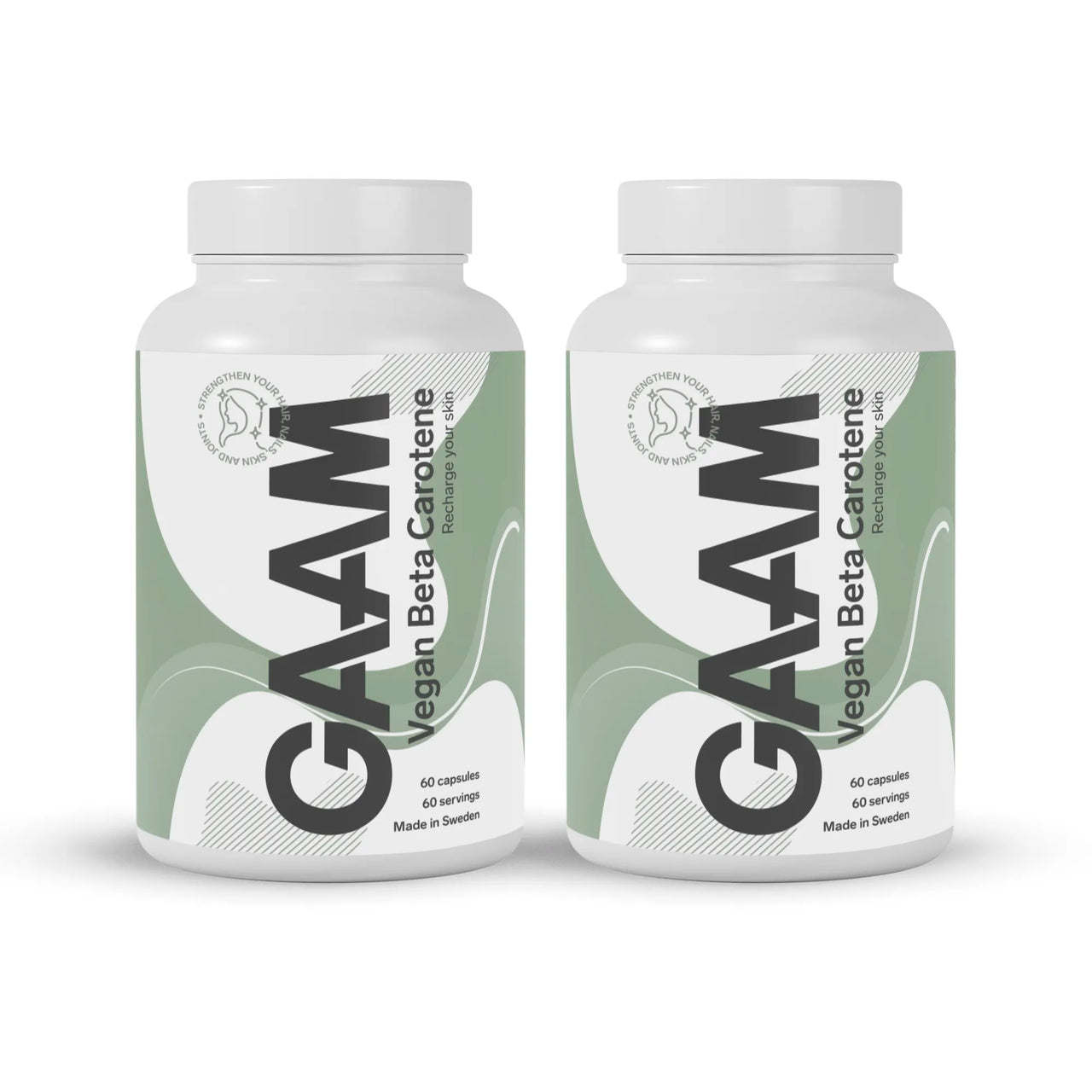 2 x GAAM Vegan Beta carotene 60 caps kosttillskott i två vita burkar med gröna detaljer.