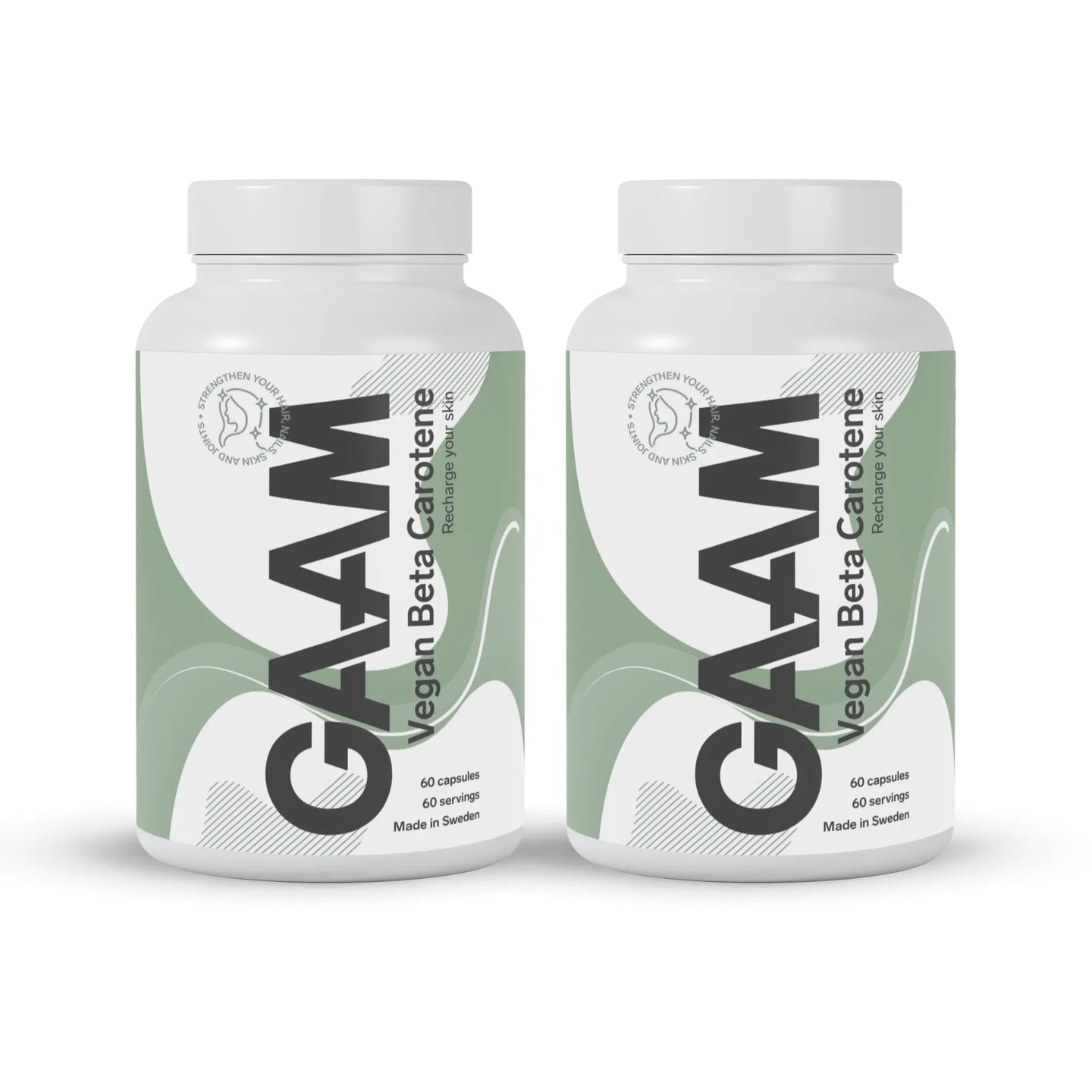2 x GAAM Vegan Beta carotene 60 caps kosttillskott i två vita burkar med gröna detaljer.