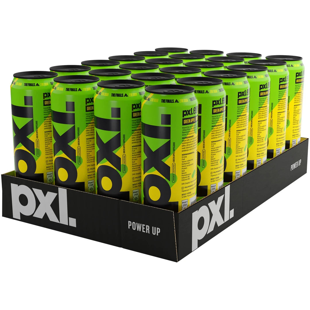 24 x PXL Energy 500 ml Sour Core i ett svart flak med ljusgröna energidrycksburkar med svart text för syrlig smak.