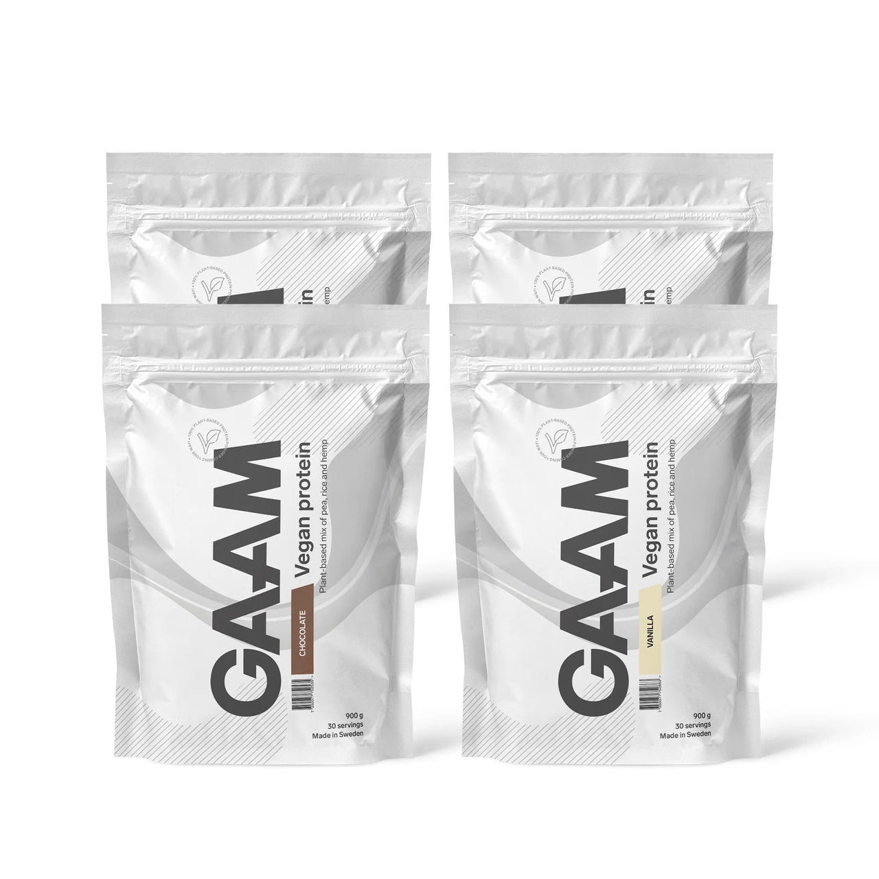 4 x GAAM Vegan Protein 900 g i ett paket med fyra vita påsar för smakerna Chocolate och Vanilla.