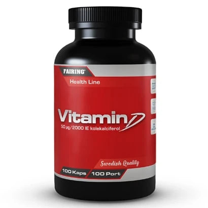 Fairing Vitamin D 100 caps, ett D-vitamintillskott i en svart burk med röd etikett.