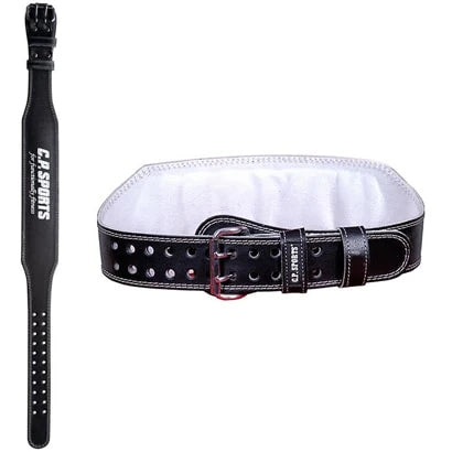 C.P. Sports Lifting Belt Black, ett svart träningsbälte i läder med vit vaddering och dubbelspänne för tunga lyft.