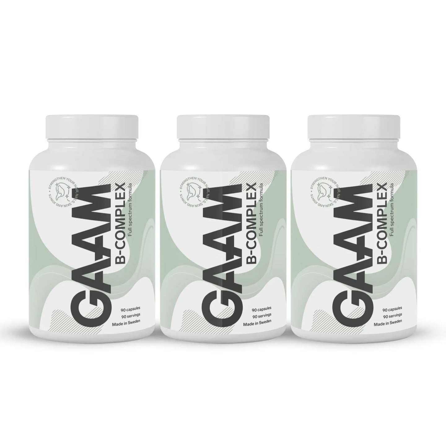 3 x GAAM B-Complex 90 caps i tre vita burkar med ljusgröna detaljer och svart text.