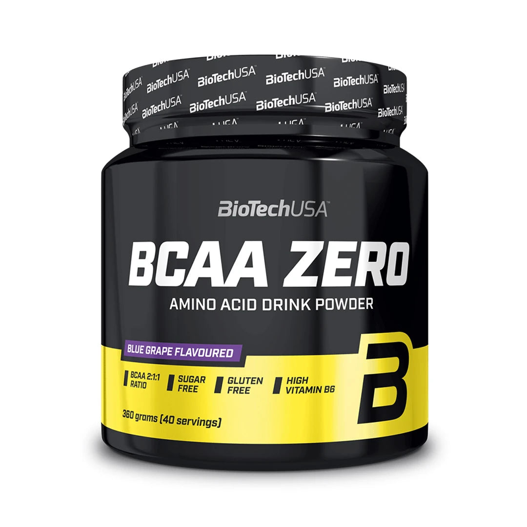 BioTechUSA BCAA Zero 360 g aminosyrapulver i en svart burk med gula detaljer för smaken Blue Grape.