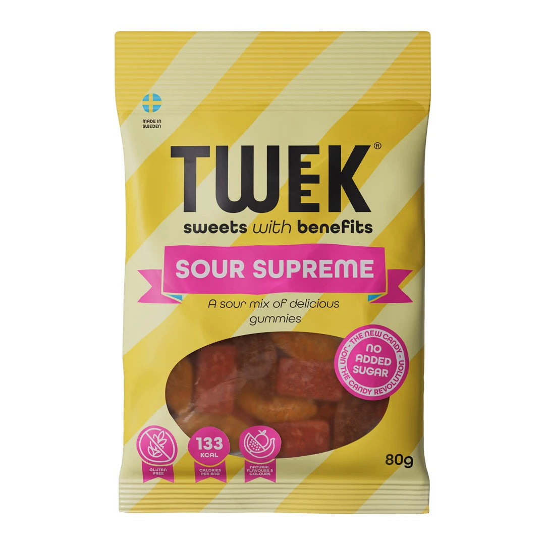 Tweek Sweets 80 g godis i en gul- och vitrandig påse med rosa detaljer för smaken Sour Supreme., bild 5 av 7