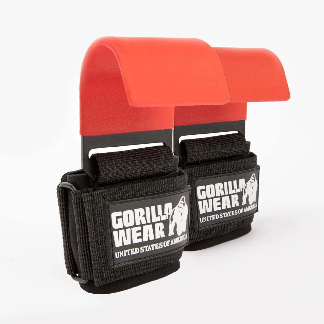 Gorilla Wear Weight Lifting Hooks Black/Red är svarta handledsremmar i nylon med breda, röda dragkrokar i stål.