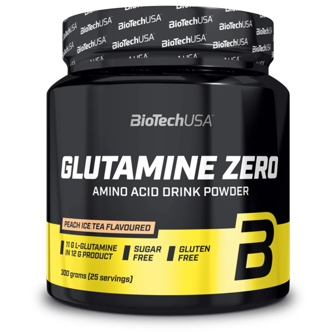 BioTechUSA Glutamine Zero 600 g L-glutaminpulver i en svart och gul burk med smaken Peach Ice Tea.