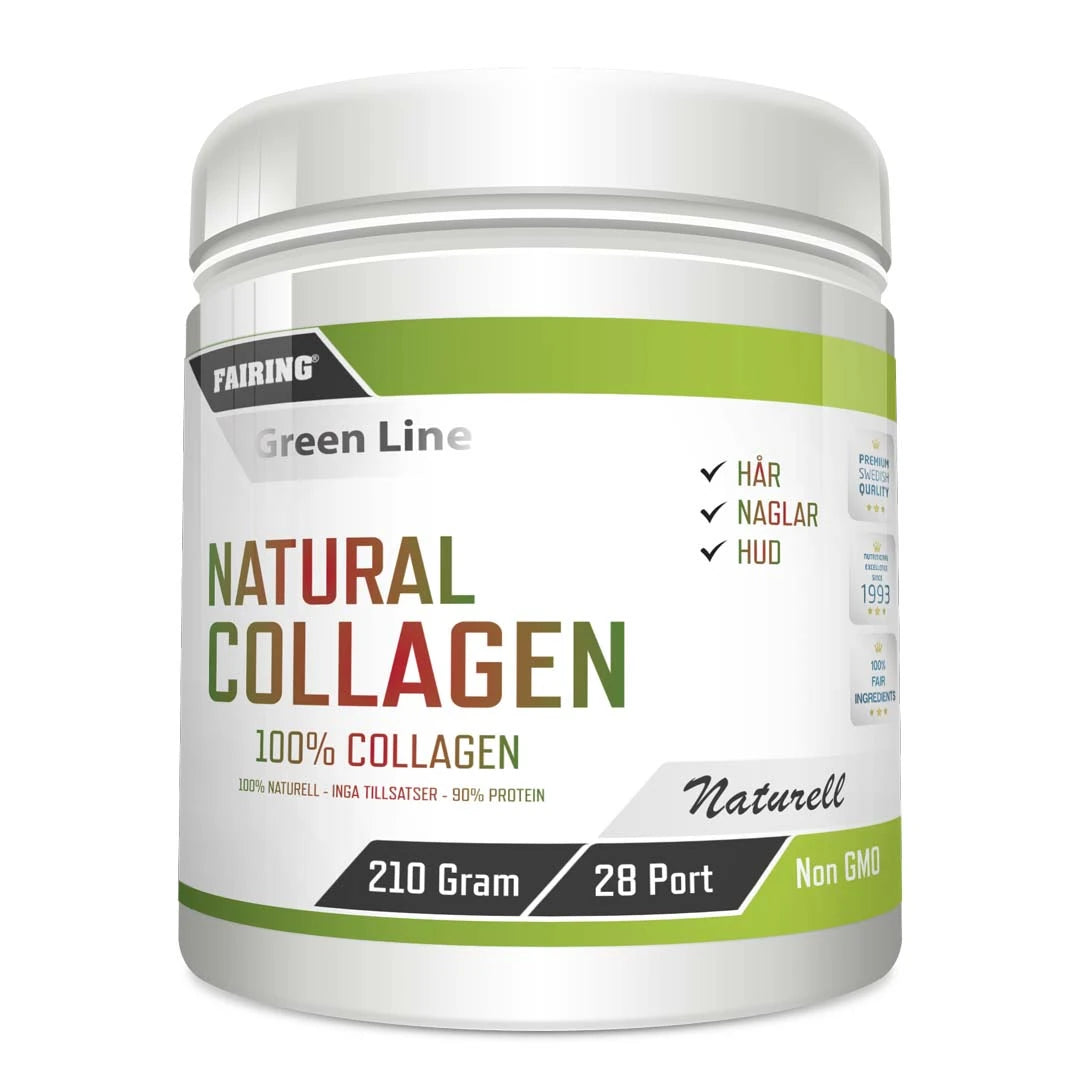 Fairing Natural Collagen 210 g kollagenpulver för hår, hud och naglar i en vit burk med gröna detaljer.