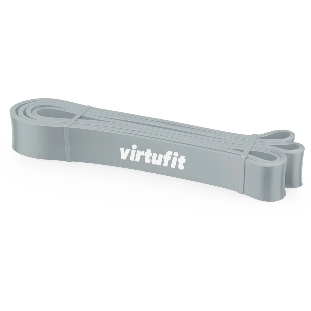 Virtufit Power Band Light träningsband i grå PVC med vit logotyp, perfekt för styrketräning och rehab.