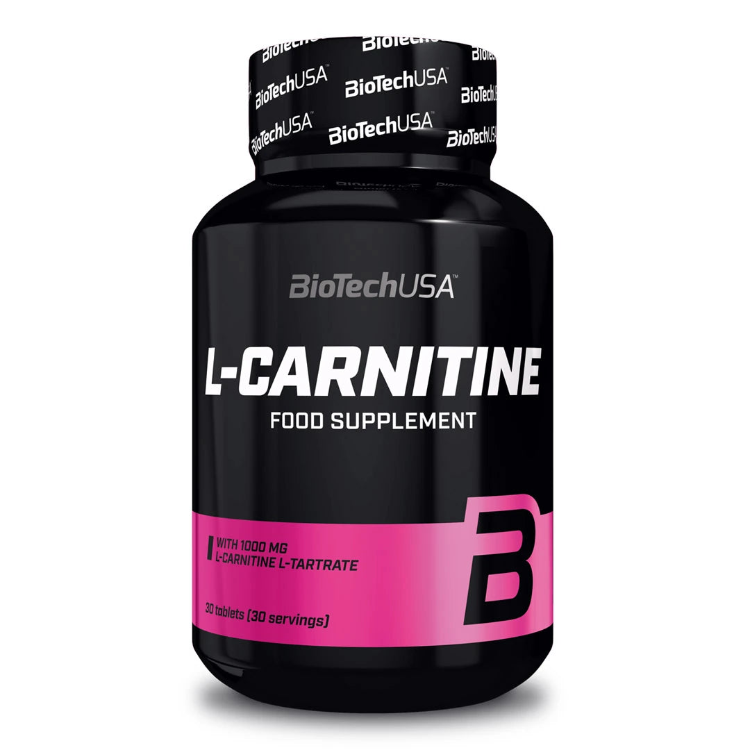 BioTechUSA L-Carnitine 1000 60 caps kosttillskott i en svart burk med rosa och vita detaljer.