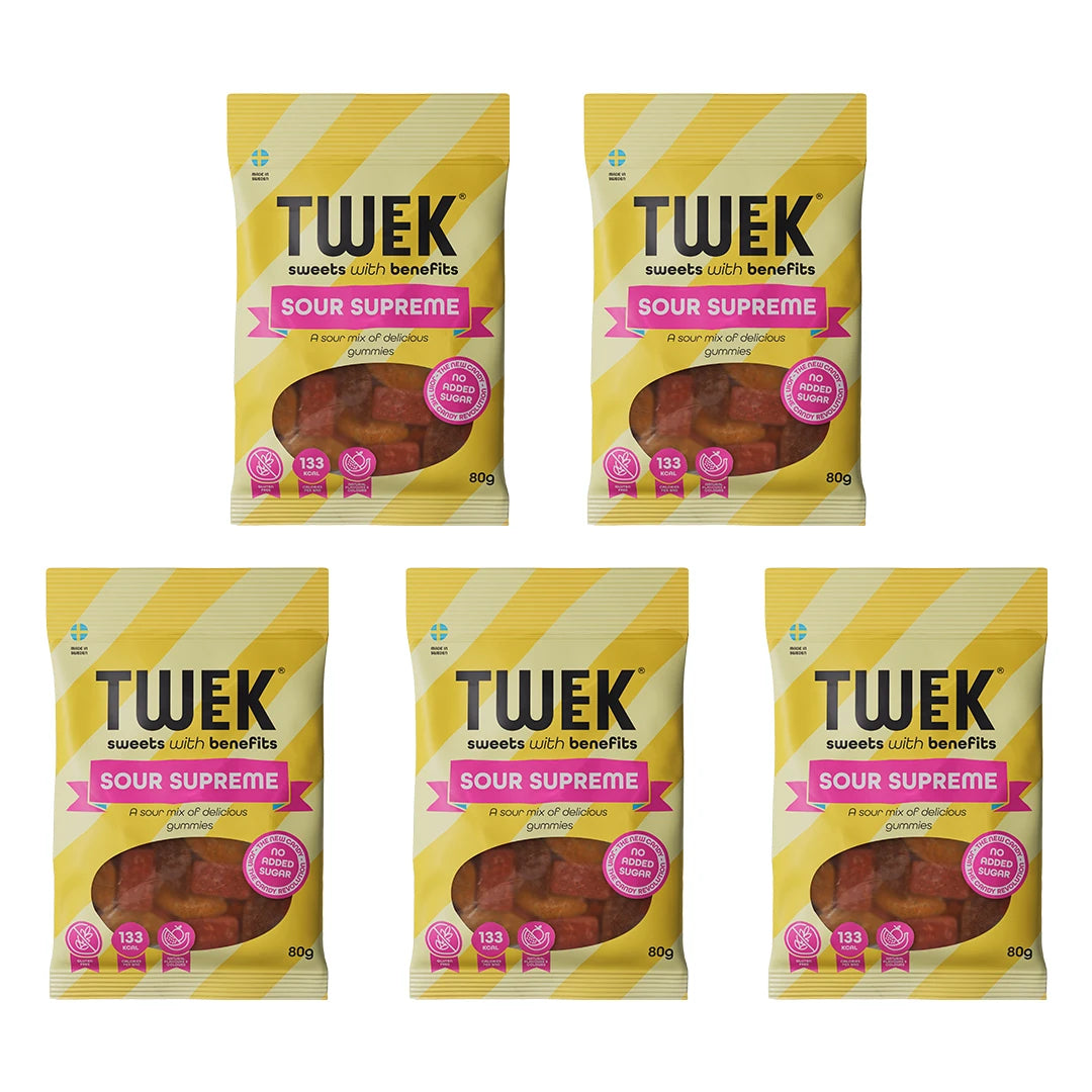 Fem påsar 5 x Tweek Sweets 80 g Sour Supreme godis med gul- och vitrandig design och rosa detaljer.