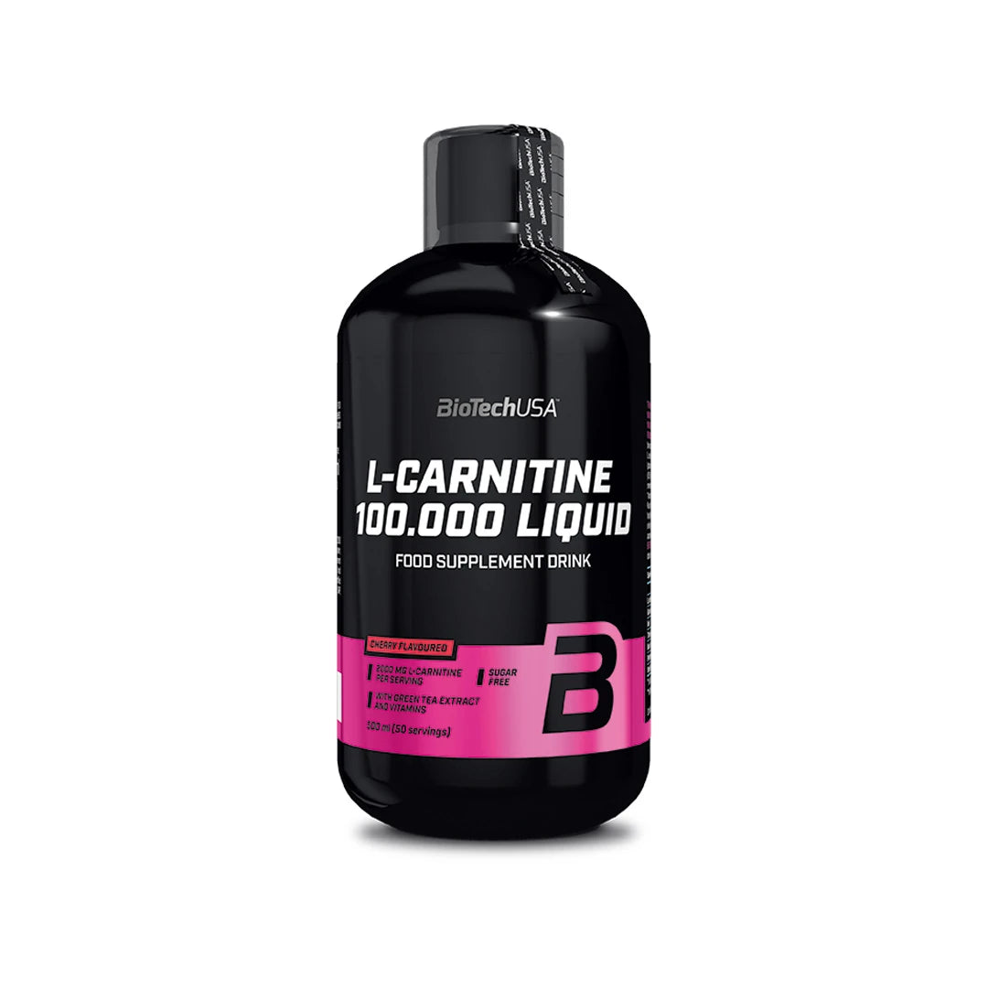 BioTechUSA L-Carnitine 100.000 Liquid 500 ml i en svart flaska med rosa detaljer för smaken Cherry.