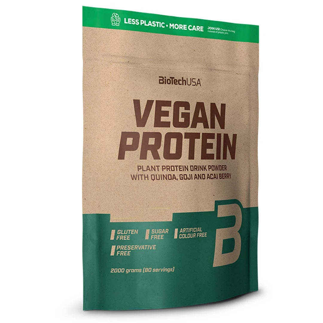 BioTechUSA Vegan Protein 2 kg proteinpulver i en brun och grön papperspåse.