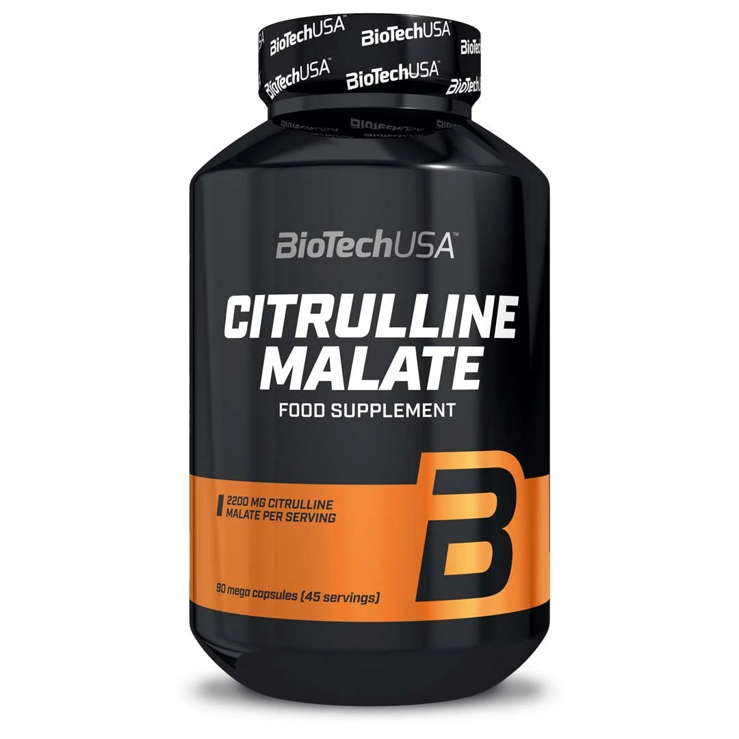 BioTechUSA Citrulline Malate 90 caps kosttillskott förpackat i en svart burk med orangea detaljer.