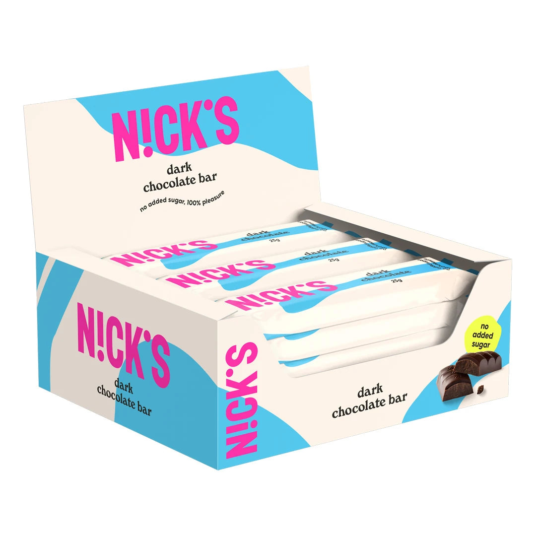 15 x Nicks Dark Chocolate 25 g i en vit och ljusblå displaylåda fylld med matchande chokladbars., bild 1 av 1