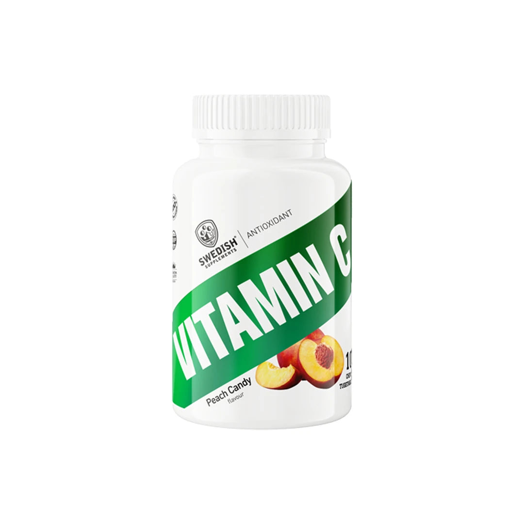 Swedish Supplements Vitamin C 100 pcs tuggtabletter i vit burk med grön etikett och persikomotiv för smaken Peach Candy.
