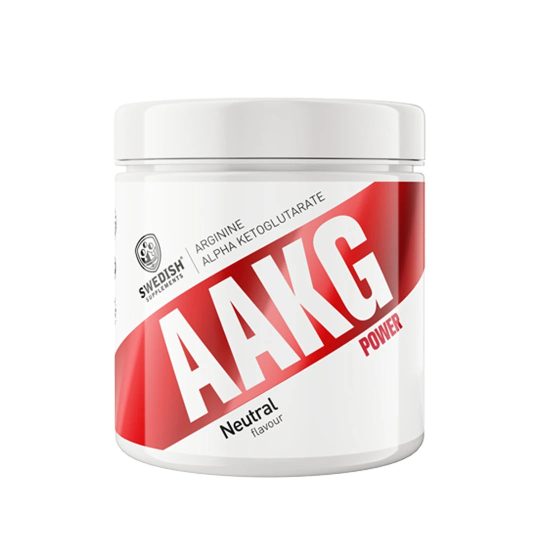 Swedish Supplements AAKG Power 250 g prestationshöjare i en vit burk med röd och vit etikett för Neutral flavour.