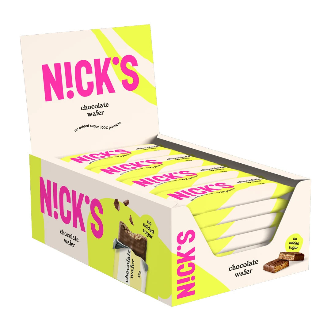 24 x Nicks Chocolate Wafer 35 g i en vit och limegrön displaylåda fylld med chokladkex och rosa detaljer., bild 1 av 1