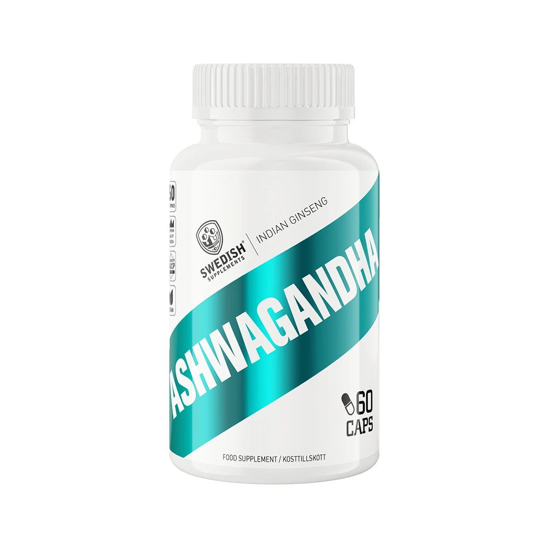 Swedish Supplements Ashwagandha 60 caps kosttillskott i en vit burk med turkosa och svarta detaljer.