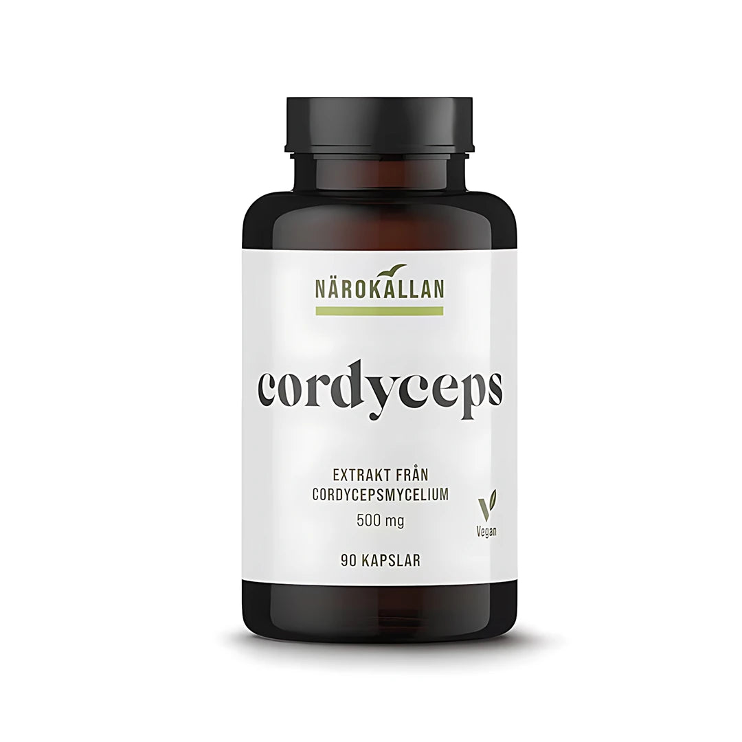 Närokällan Cordyceps 90 caps vegansk hälsokost förpackad i en mörk burk med vit etikett.