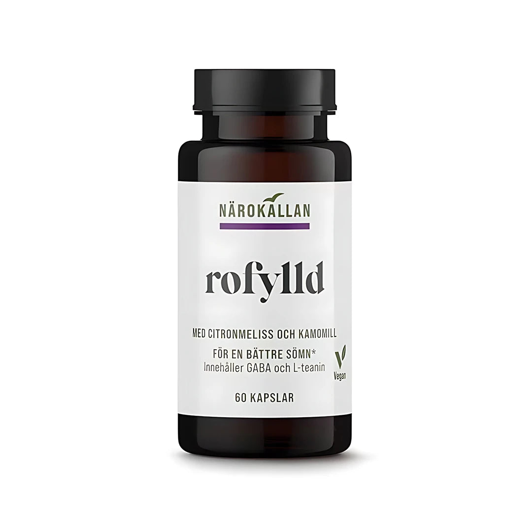 Närokällan Rofylld 60 caps, mörk burk med vit etikett som innehåller kosttillskott för avslappning med citronmeliss och kamomill.