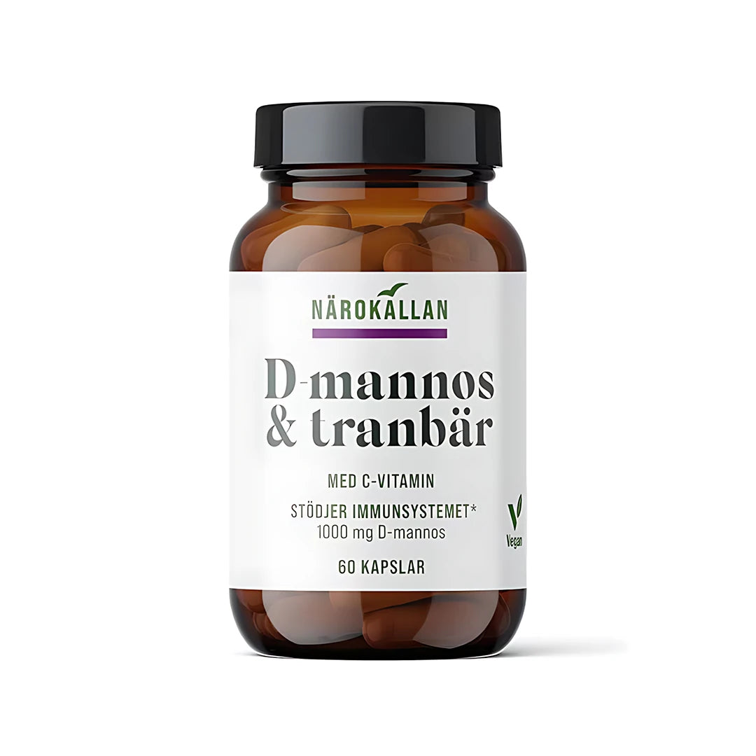 Närokällan D-mannos + Tranbär 60 caps förpackad i en brun burk med svart lock och vit etikett.